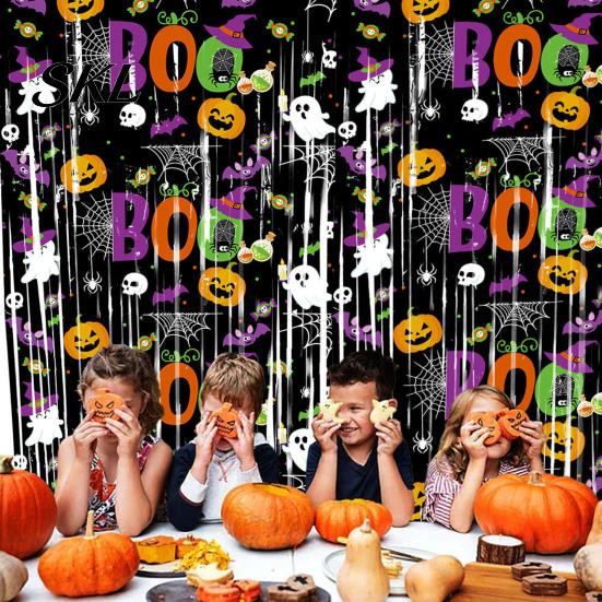 Halloween Room Decoration Foil Fringe Curtain for Halloween, Orange Purple Black Background Event Photo Booth Props, Pumpkin Ghost Bat Party