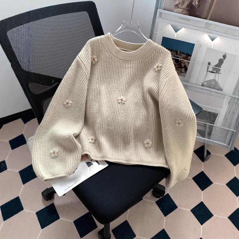 Женский ретро-свитер с цветочной вышивкой для осени и зимы, свободный и ленивый стиль, высококачественный корейский трикотаж