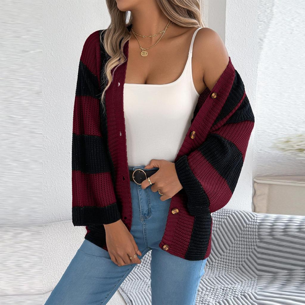 Women's Contrast Striped Flared Sleeve Cardigan Long Sleeve Sweater
