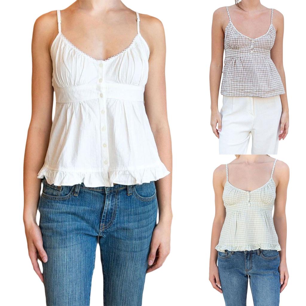 Women´s Summer Casual Camisole Solid/Plaid Sleeveless Deep V Neck Ruffle Hem Sling Vest