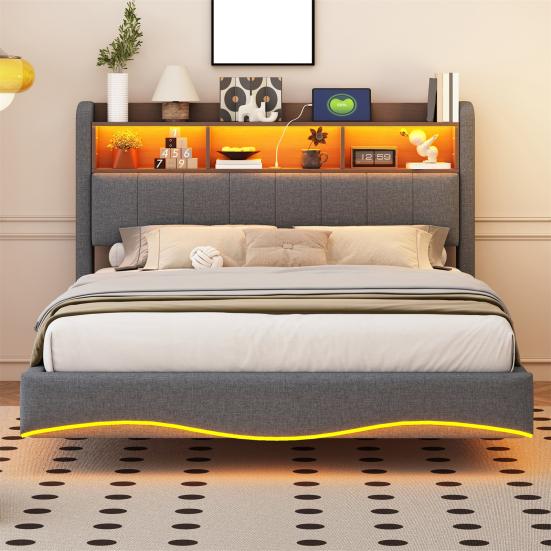 Bed with LED Light Suspended Design Upholstered 140x200cm Linen Fabric Multifunctional Storage Light USB And Type-C Interface Beige
