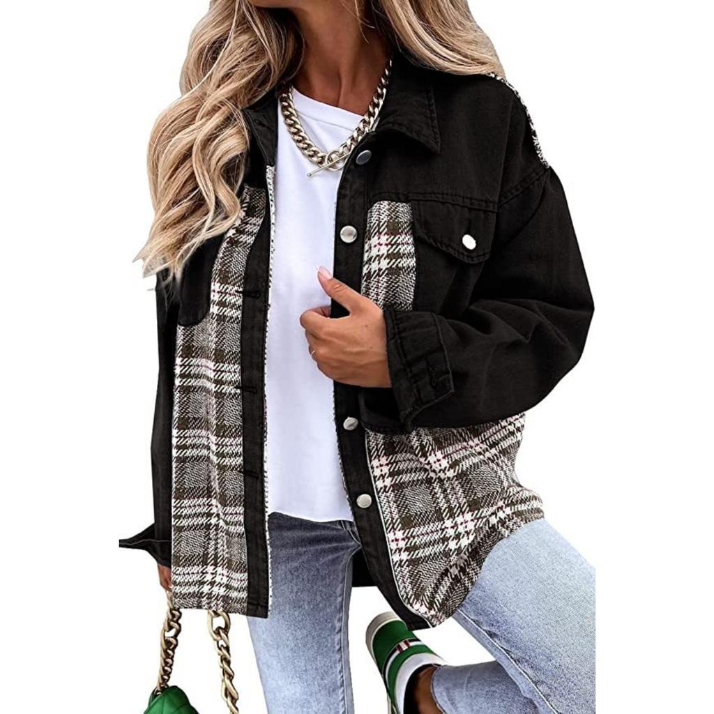 Denim Jacket, Long Sleeved, Checkered, Button Up, Shirt, Jacket Top