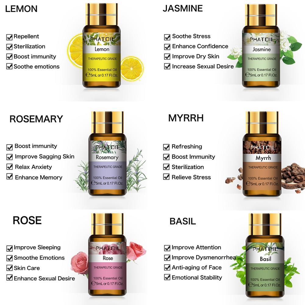 PHATOIL 5ML Rose Jasmine Lavender Plant Essential Oil with Dropper Purify the Air Bactericide Spa Body Care Vanilla Eucalyptus Tea Tree Oil