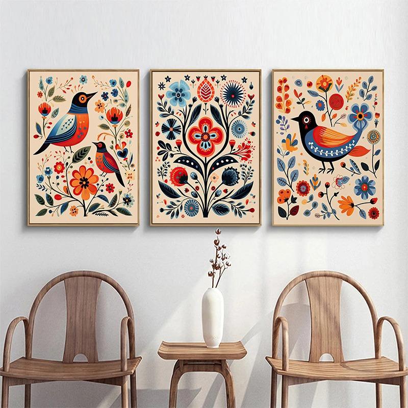Норвежское народное искусство Цветочный постер с птицами Скандинавский принт Абстрактная картина на холсте Скандинавское настенное искусство Картина для гостиной Домашний декор