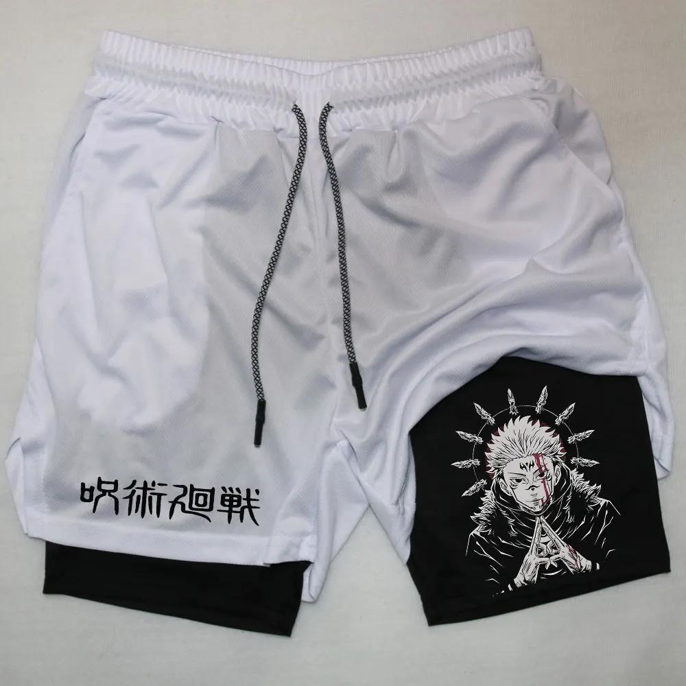 Тренировочные шорты 2 в 1 компрессионные шорты для мужчин тренажерный зал тренировки бег спортивные аниме джиу-джитсу кайсен карманы активная одежда