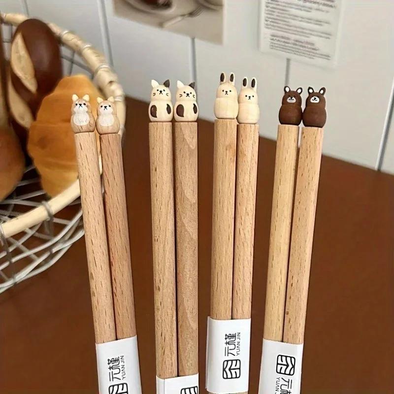 3D палочки для еды с милыми животными, резные буковые палочки ручной работы, кавайные палочки для суши, пара, красивая и практичная деревянная посуда