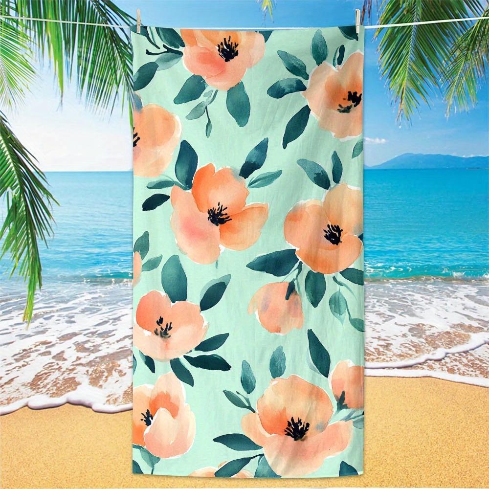 1 шт. Пляжное полотенце с цветочным принтом - Быстросохнущая микрофибра, Легкое и впитывающее, Яркий оранжево-зеленый цветочный дизайн, Компактное для путешествий и бассейна