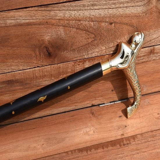 Трость с ручкой латунной русалки 3 раза золотая и черная