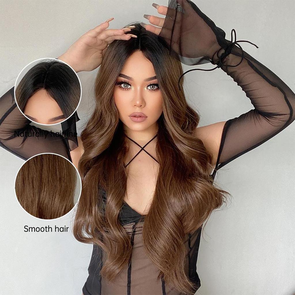 Women's 66cm Hair Dark Brown Long Curly Hair T-shaped Front Lace Rose Hair Net Headwear Pure Hand Woven Lace Wigs Kanekalon Wig