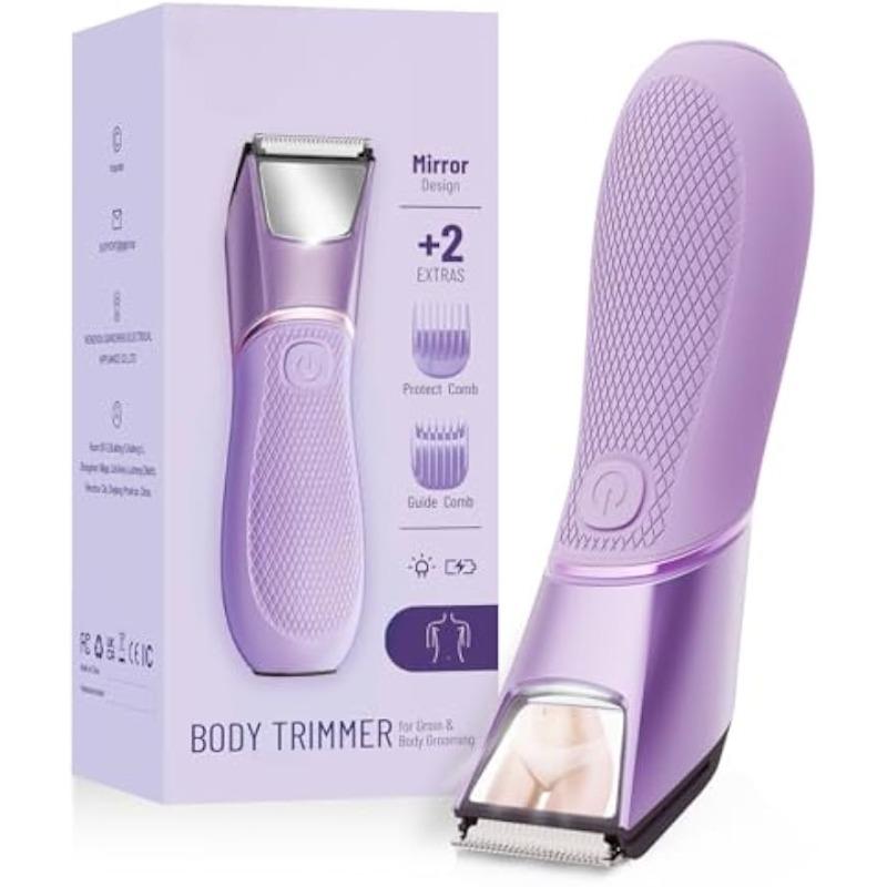Rechargeable Bikini Trimmer for Women:Body Groomer with Mirror & LED Light for Shower Travel Waterproof Pubic Hair Razor, Ceramic Blades