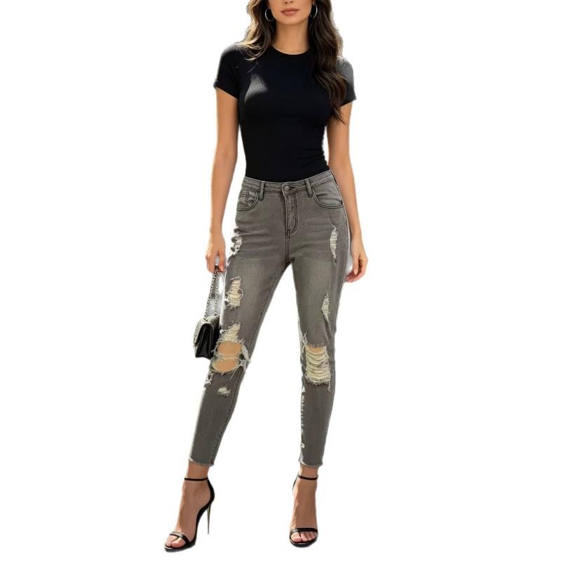 High Stretch Ripped Skinny Jeans Women Slim Fit Mid-Rise Denim Pants In Black Dark Blue Light Grey