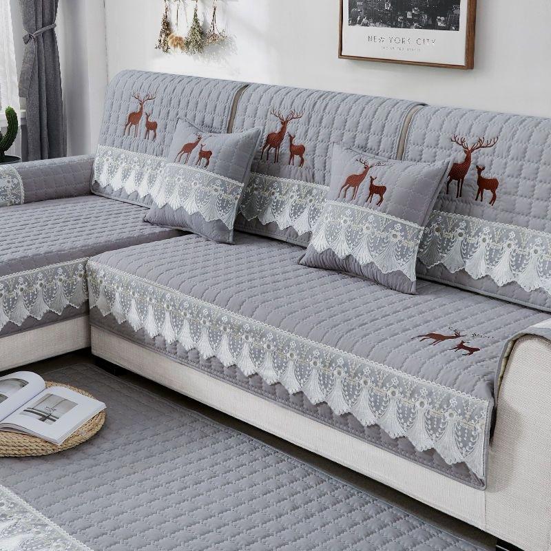 Embroidered Sofa Cushion, Non-Slip Seat Cushion for Living Room, Breathable Couch Cover, Four Seasons Universal