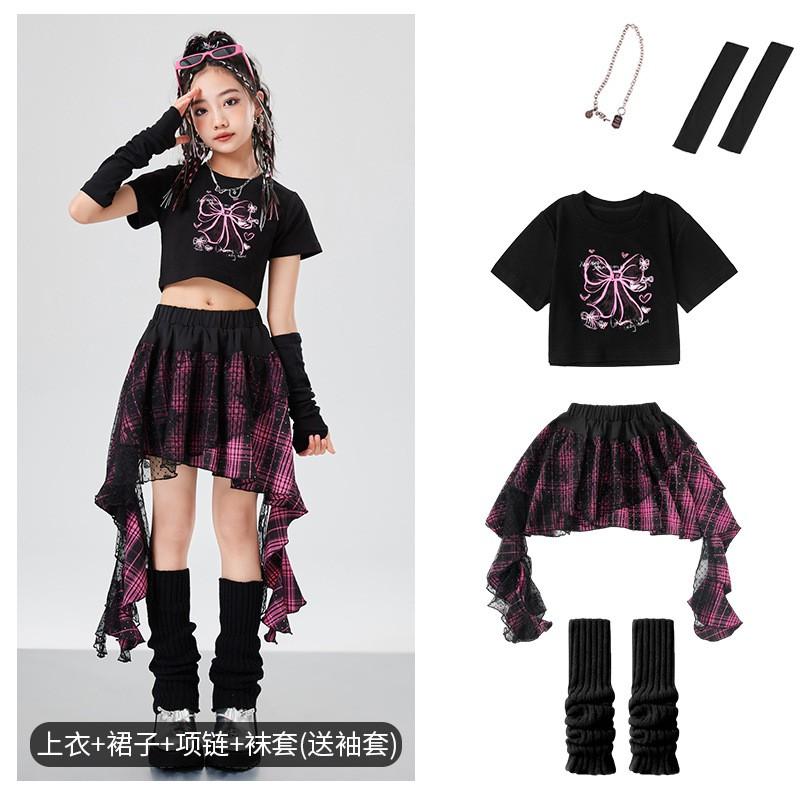 Girls Jazz Dance Costume Kids Stage Performance Outfit Sweet Cool Bowknot Dancewear