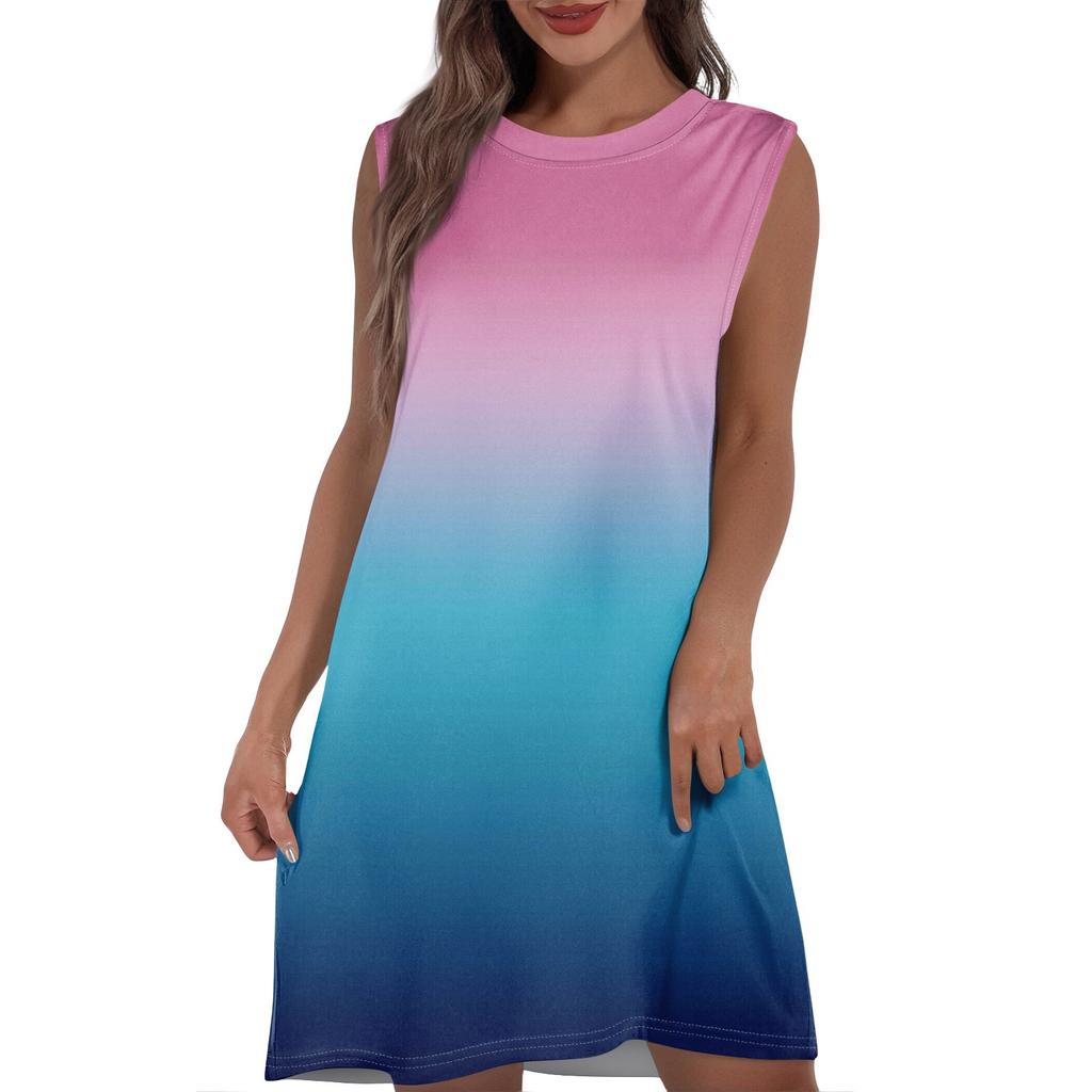 Женское повседневное и модное платье средней длины с круглым вырезом и без рукавов с принтом