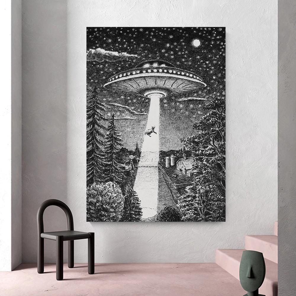 Постер НЛО «Черная ночь» Холст Живопись Принты Инопланетная Летающая тарелка Арестовывает Людей Странная Стена Домашнее украшение Cuadros