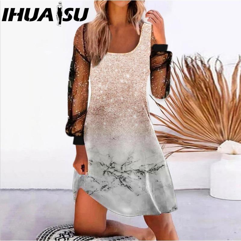 IHUASU Женская мода весна осень однотонный принт длинный рукав U-образный вырез высокая талия повседневные платья