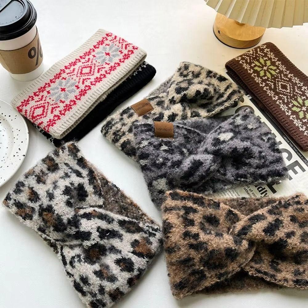 Wide Edge Cross Headband Soft Knitted Headcover Fashion Leopard Print Headband Retro Style