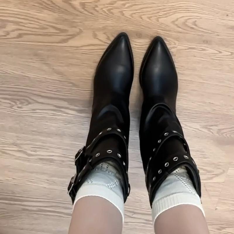 Модные осенние винтажные женские ботинки-казаки на толстом каблуке, элегантные женские полусапожки до середины икры в современном стиле, слипоны с модной пряжкой на ремне