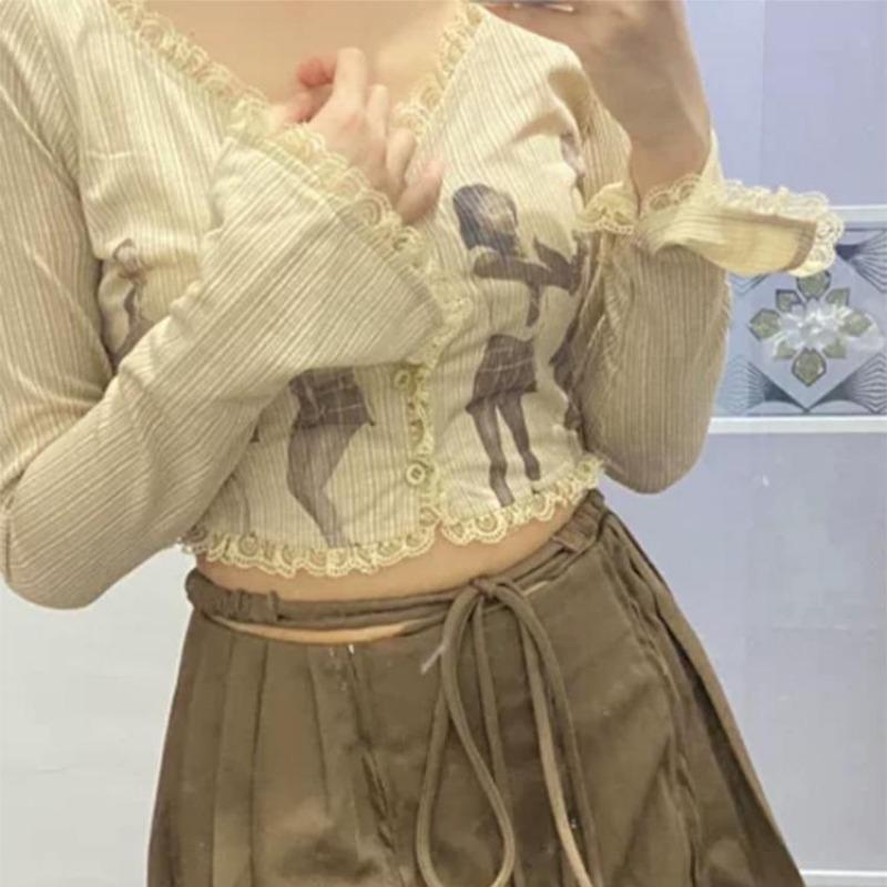 2KWEIRD Y2k Clothes Retro Campus Style Print Slim Long-Sleeved Summer Design Lace Short Cardigan Top Grunge Clothes Ropa Mujer