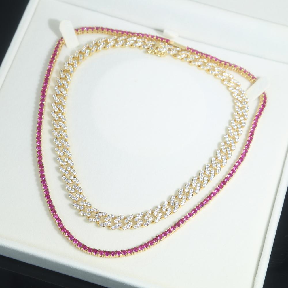 In Stock Brass 5A Cubic Zirconia CZ Sparking Bling Buddhism Iced Out Pink Tennis Chain Women's Necklace Micro Pave