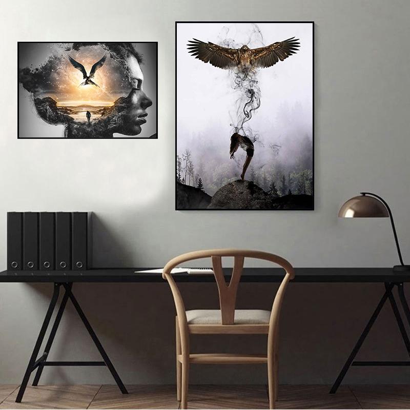 Абстрактная картина на холсте с изображением орла и девушки, современные постеры и принты, скандинавские настенные художественные картины для гостиной, украшения дома