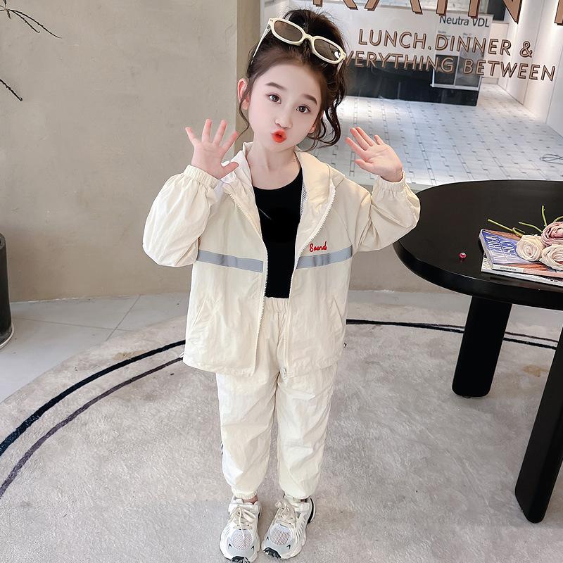 Girls' Suit Casual Sports Hooded Windbreaker Wear Children's Sportswear Spring and Autumn Simplicity Two-Piece Suit