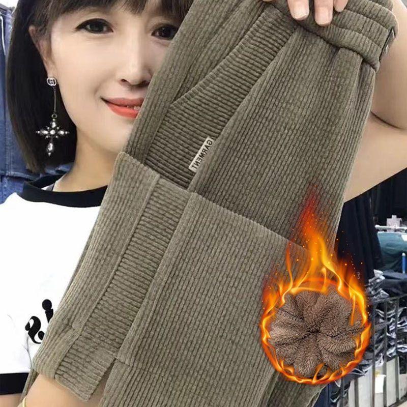 Женские брюки с высокой посадкой, на флисовой подкладке, прямого кроя, осенне-зимняя мода, утолщенные для тепла, стройнящие, свободного повседневного кроя