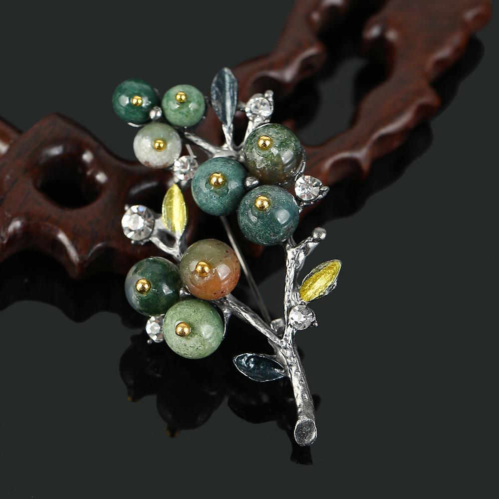 Retro Natural Agate Brooch High-end Classical Temperament Literary and Versatile Plant Pin Coat Cardigan Corsage Accessories