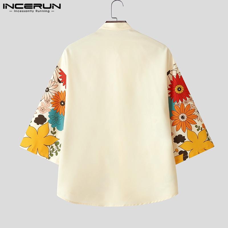 INCERUN Рубашки свободного покроя для мужчин с воротником-лацканами, рукавом 3/4, пуговицами, цветочным принтом, для отдыха
