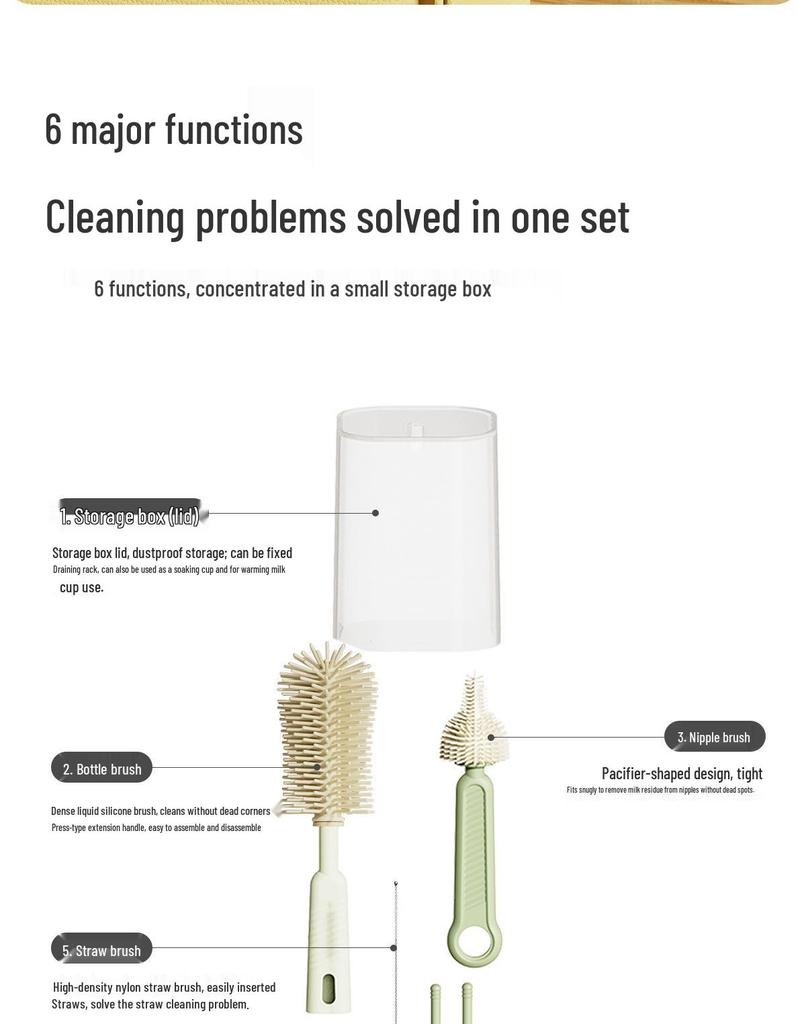 Travel Baby Bottle Brush Set with Silicone Nipple Brush, Draining Rack, Straw & Crevice Brushes