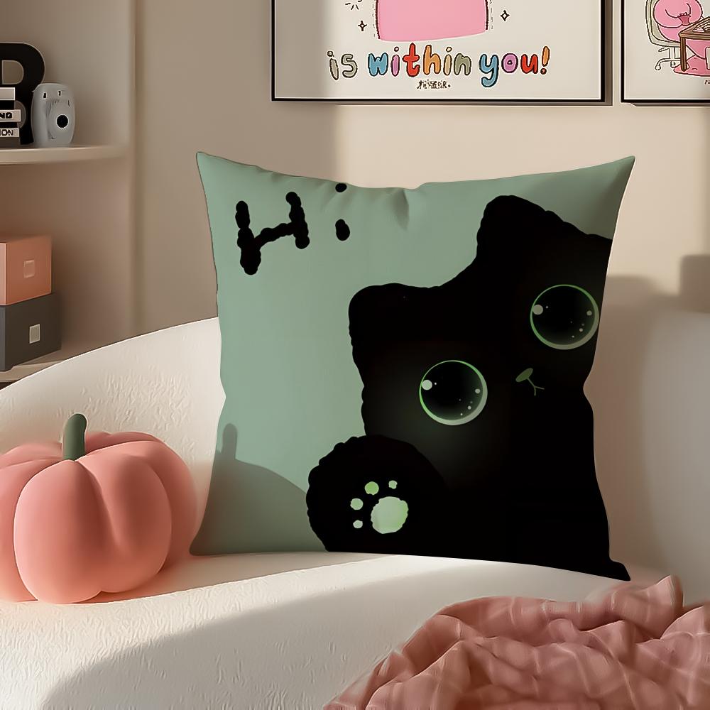 Cute Tiny Adorable Art Cartoon Little Black Cat Cushion Cover Pillowcase Short Plush Invisible zipper Room Sofa Cushion Cover