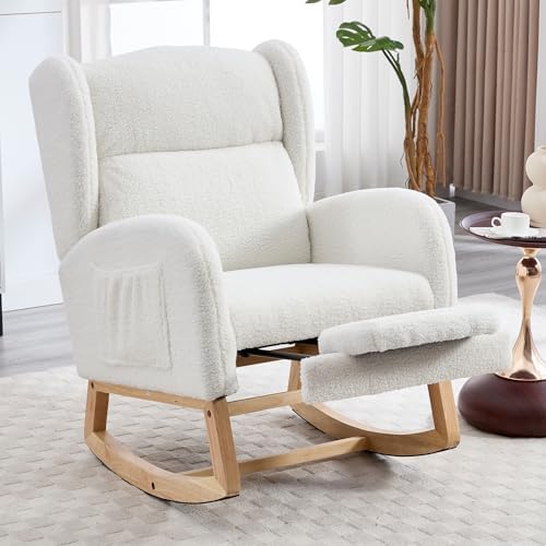 Oversize White Teddy Upholstered Glider Rocker Footrest With Side Pocket Accent Reading Chair for Living Room