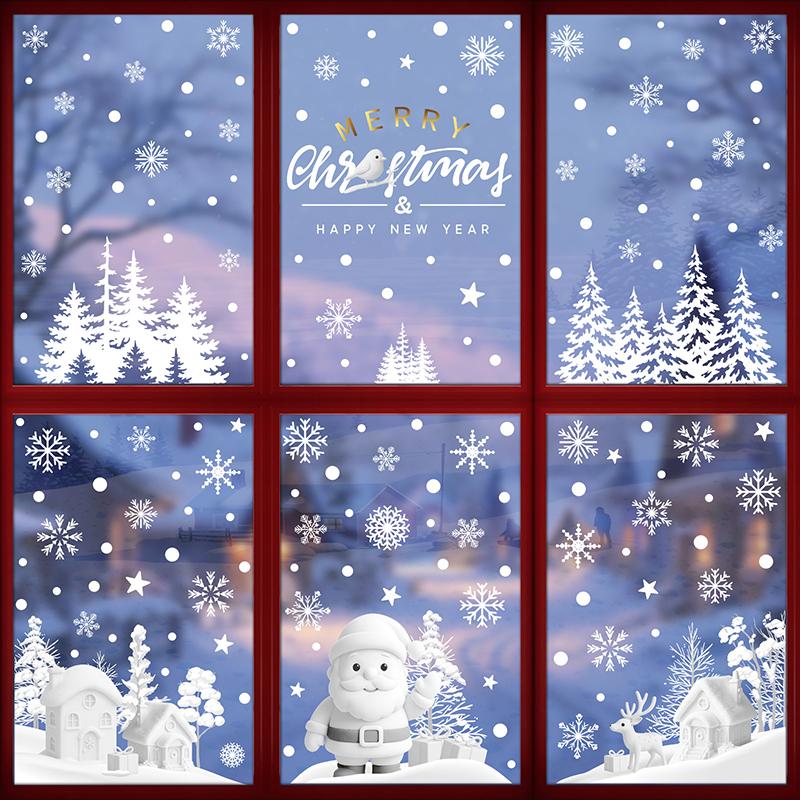 Christmas Decorations, White Snowflakes, Snowmen, Static Cling Stickers, Shop Window Decorations, Glass Stickers