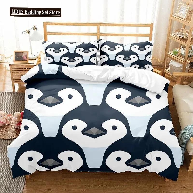 Cartoon Penguin Duvet Cover Collection For Boys Girl Animated Antarctic Animal Polyester Quilt Cover White Black King Queen Size