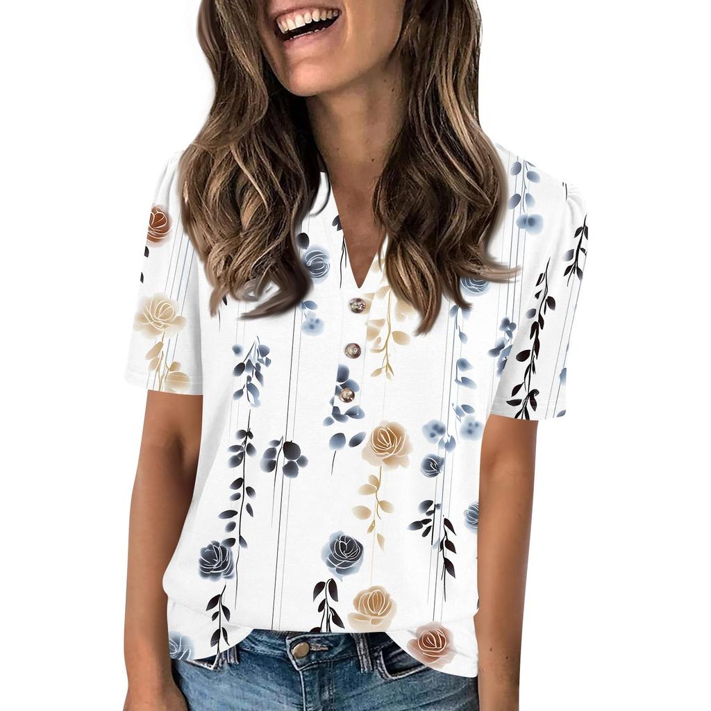 Женский модный повседневный свитер с коротким рукавом и принтом на пуговицах и V-образным вырезом