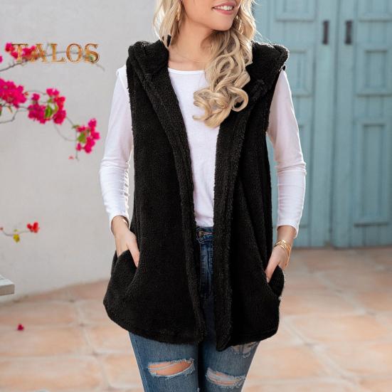 Женский зимний жилет с капюшоном, кардиган средней длины, жилет из искусственного меха, однотонное толстое теплое пальто без рукавов для повседневной носки на открытом воздухе