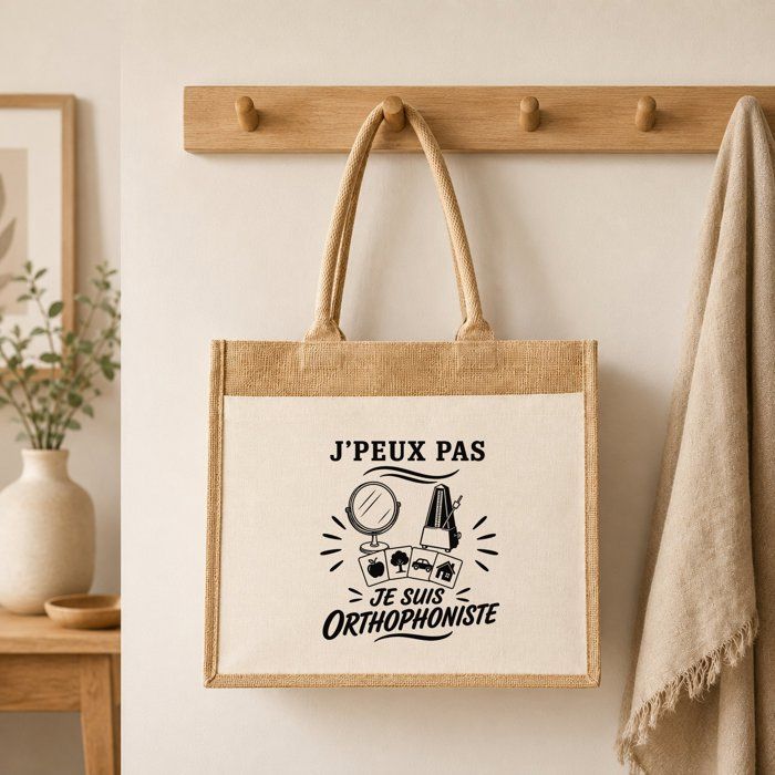Sac Cabas Jute avec Poche J’peux pas je suis Orthophoniste J'peux pas minimaliste | Toile de Jute et Coton 21 L Fond Plat Anses 65