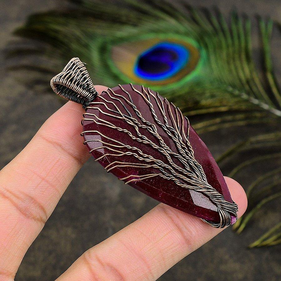 Ruby Natural Gemstone Handmade Copper Wire Wrap Jewelry Pendant 2.80" b2B22