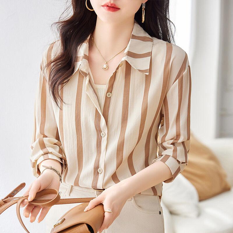 Commute Korean Striped Shirt Women's Clothing Casual Loose Single-breasted Spring Summer Fashion Polo-Neck All-match Blouse