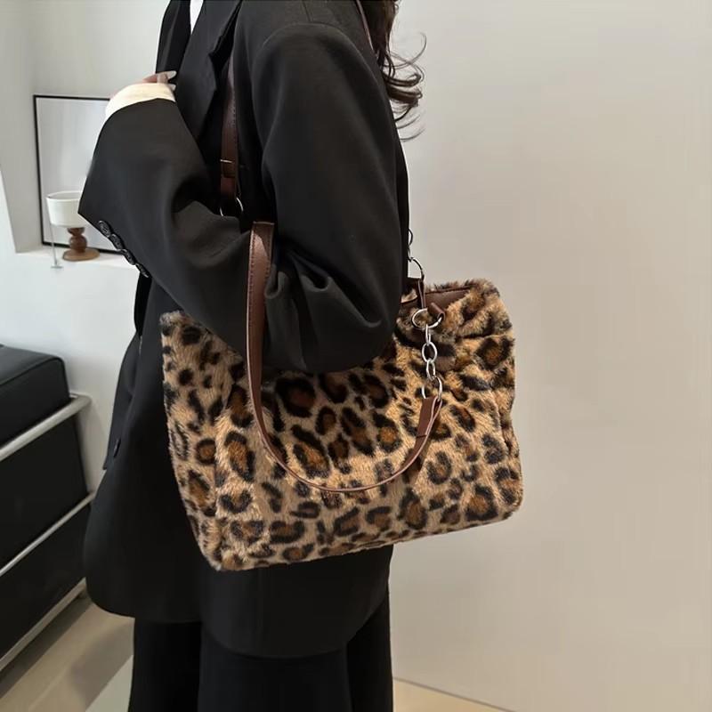 Women's Leopard Print Plush Tote Bag, Large Capacity Fluffy Shoulder & Underarm Handbag, Luxury Commuter Bag