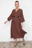 Women's Dress New Season Fashion Brown Belted A-line Double Breasted Collar Aerobin Midi Woven Dress