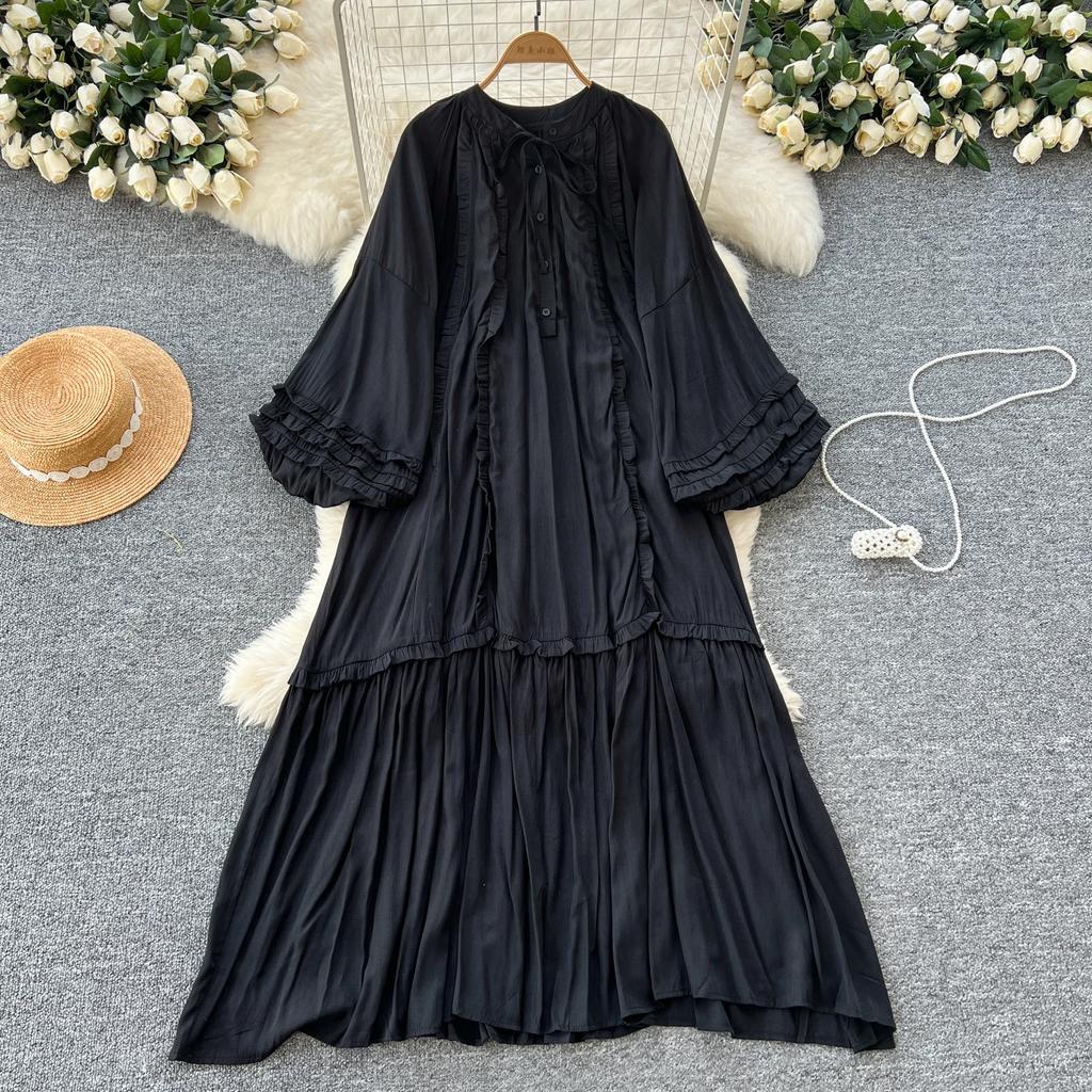 Винтажное однобортное платье с круглым вырезом на шнуровке, модное, с длинными рукавами, элегантное, свободное, с оборками, корейская женская одежда High Street