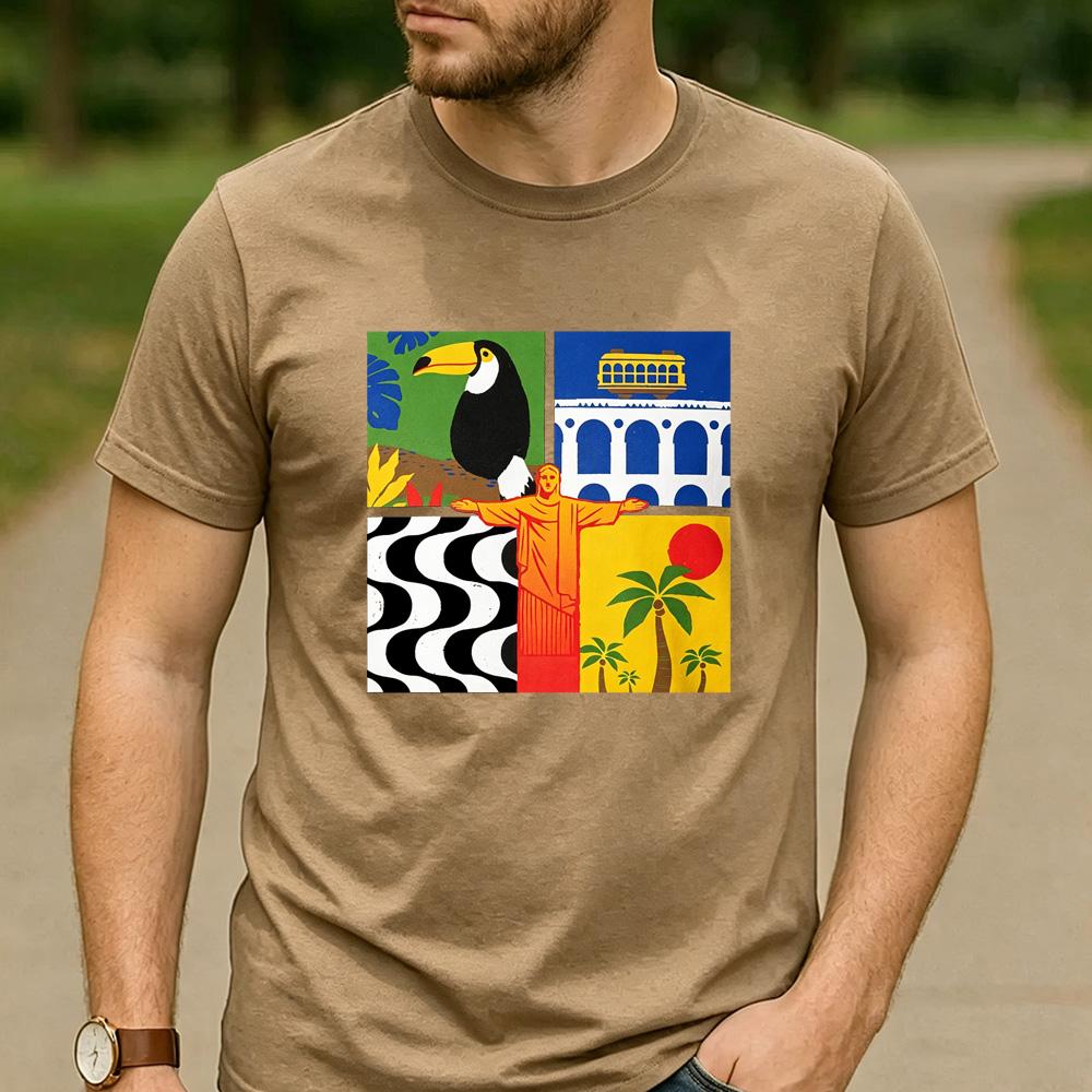 Rio de Janeiro Four Panel Pop Art Cotton T Shirt Brazil Toucan Christ the Redeemer Beach Graphic Unisex Unisex Unisex Streetwear Tee