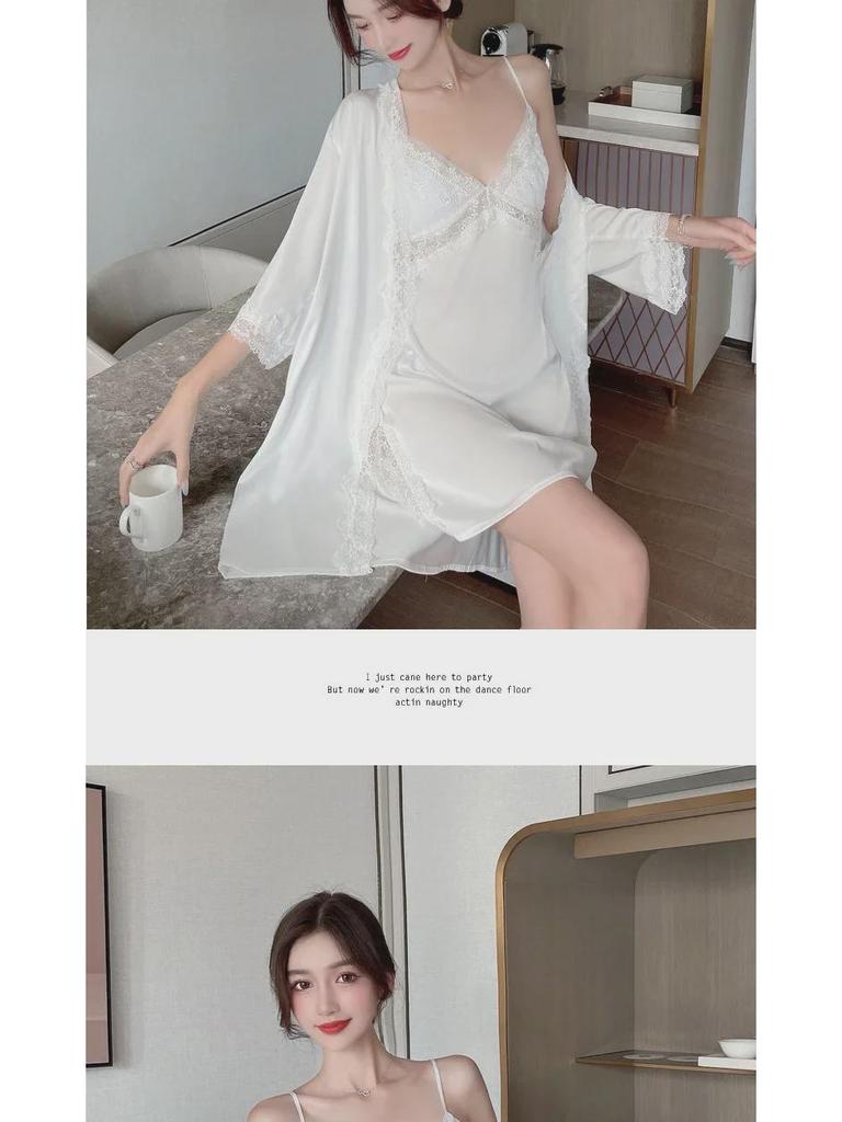 Lace Hollow Temptation Ice Silk Suspender Nightdress & Robe Set with Chest Pad