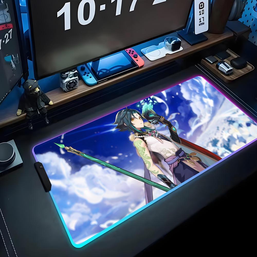 Genshin xiao Коврик для мыши RGB Игровой коврик для мыши Большой светодиодный коврик Настольный коврик для ПК Светящийся коврик для мыши Большие коврики для клавиатуры Настольный ковер с подсветкой
