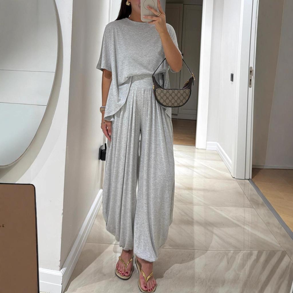 Women's Light Gray Short Sleeve Top and Wide Leg Pants Set Casual Comfortable Outfit
