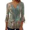 Women Summer Casual T-shirt V-neck Buttons Neckline 3/4 Sleeve Tops Pleated Floral Print Slim Fit Tee Shirt Streetwear