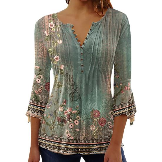 Women Summer Casual T-shirt V-neck Buttons Neckline 3/4 Sleeve Tops Pleated Floral Print Slim Fit Tee Shirt Streetwear