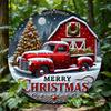 2d Flat 20*20cm, Vintage Red Truck Merry Christmas Logo, Round Wooden Wall Decoration, Christmas Tree and Wreath, for Doors, Rooms, Homes, Windows.