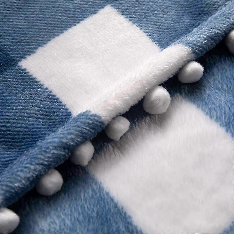 Fleece Blanket with Pompom Fringe, Blue and White Buffalo Plaid Flannel Throw for Sofa Bed(130x150cm)
